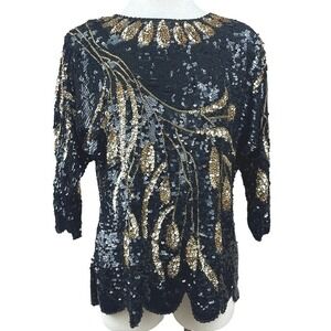 VTG Sequin Batwing Blouse Womens (XL) Silk Black Gold Scallop Plus Party Bling